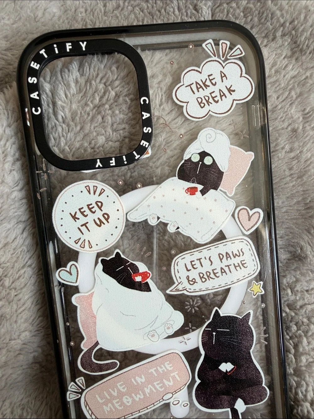 Casetify Clear iPhone 12 Case with Black Trim and Pastel Cat Stickers